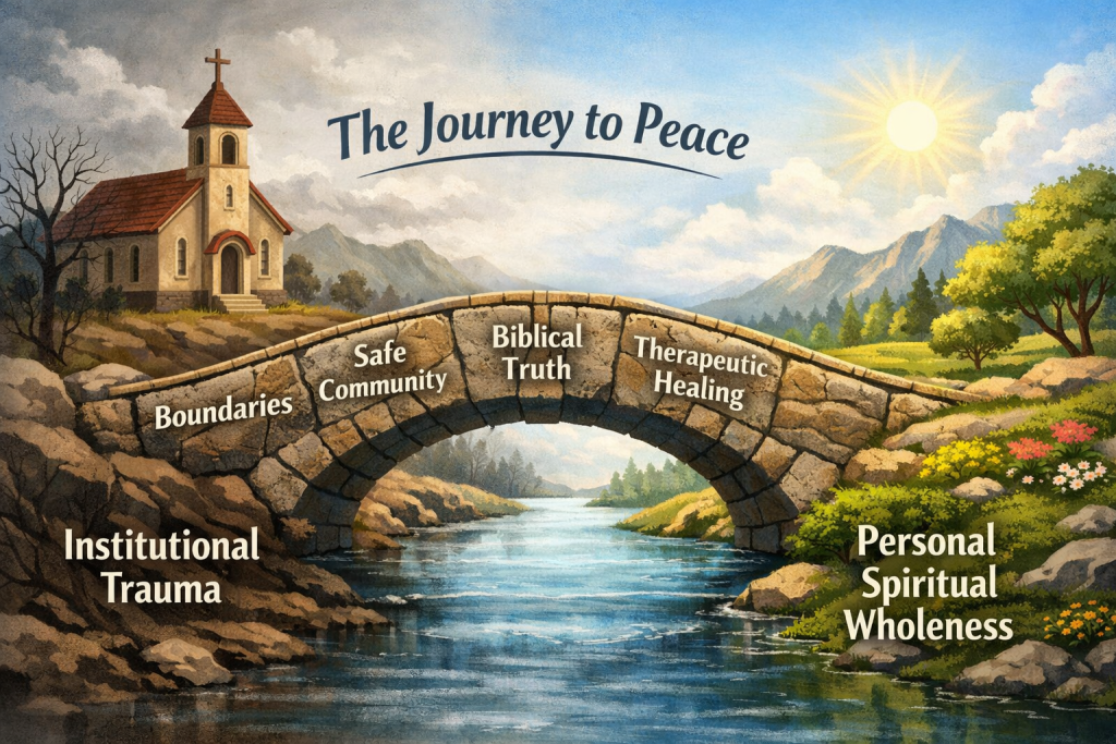 Journey to Peace with Image of bridge between Institutional Trauma and Personal Spiritual Wholeness
