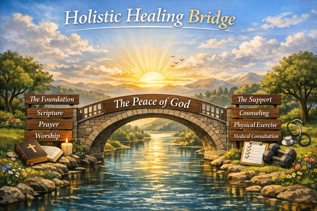 Holistic Healing Bridge with the foundation of Scripture, prayer and worship on one side and The support of Counseling, physical exercise, and Medical consultation on the other side  With the Peace of God centering the bridge between them both